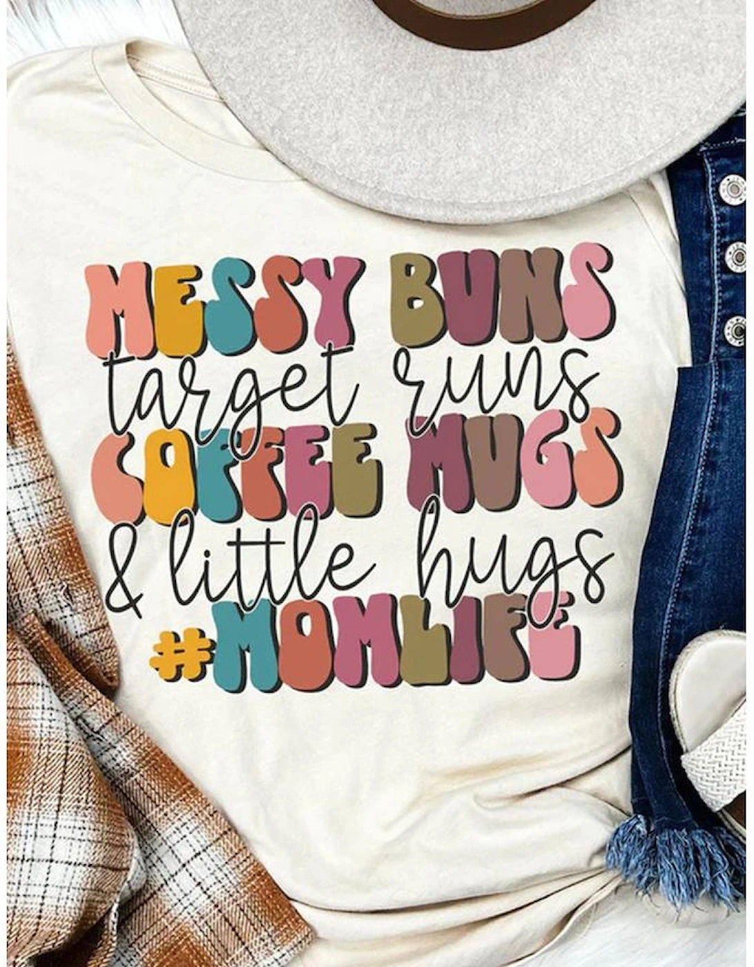 Khaki MOMLIFE Slogan Graphic Crew Neck T Shirt