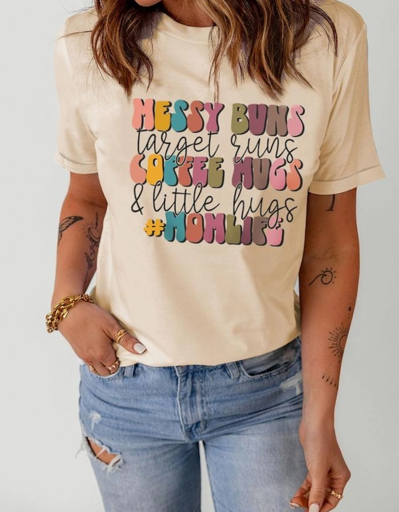 Khaki MOMLIFE Slogan Graphic Crew Neck T Shirt
