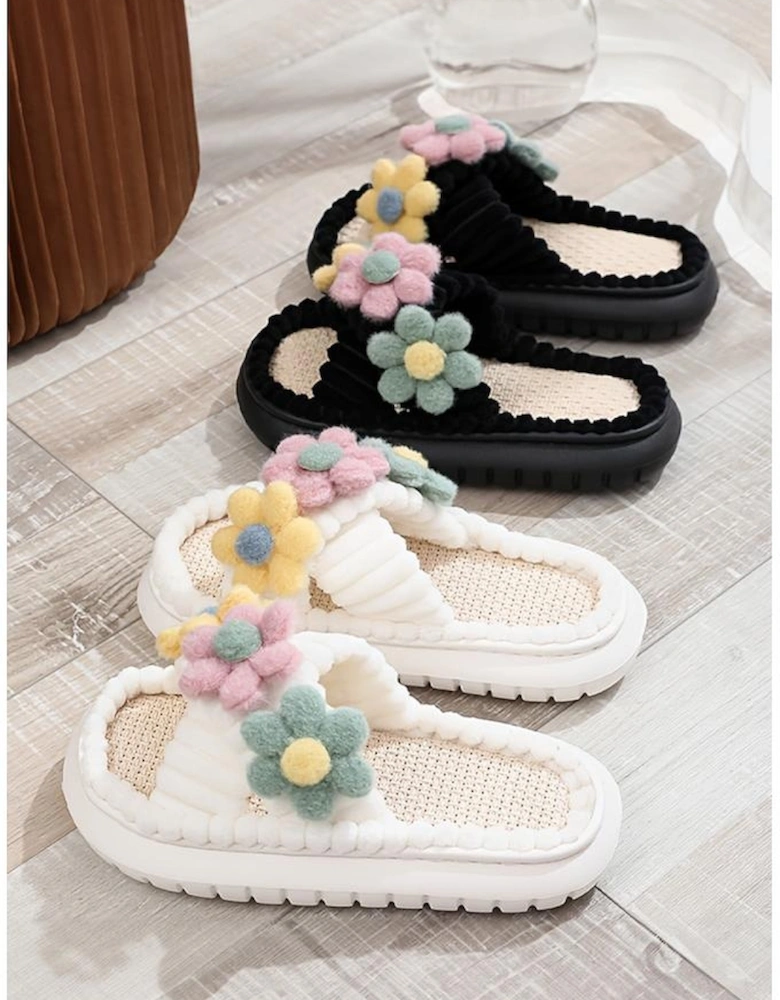 Azura Exchange White Fuzzy Flower Cross Strap Open Toe Slippers