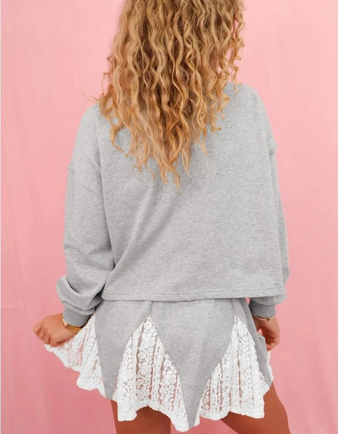 Light Grey Lace Patchwork Drop Shoulder Pullover Drawstring Skort 2pcs Outfit, 7 of 6