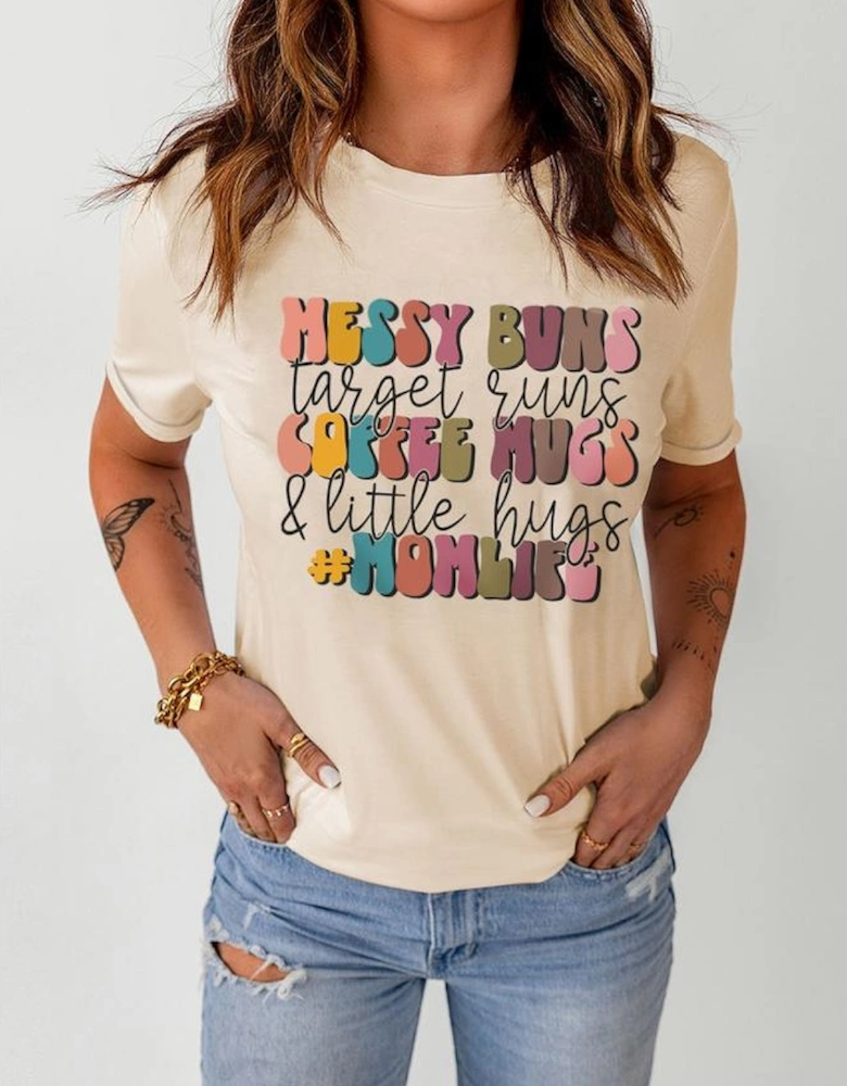 Khaki MOMLIFE Slogan Graphic Crew Neck T Shirt