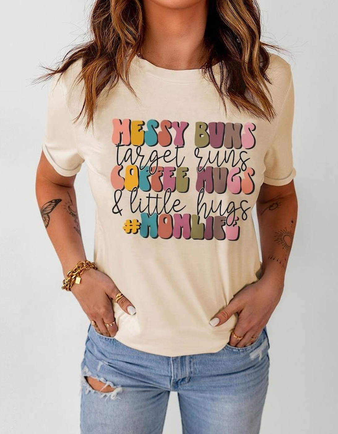 Khaki MOMLIFE Slogan Graphic Crew Neck T Shirt