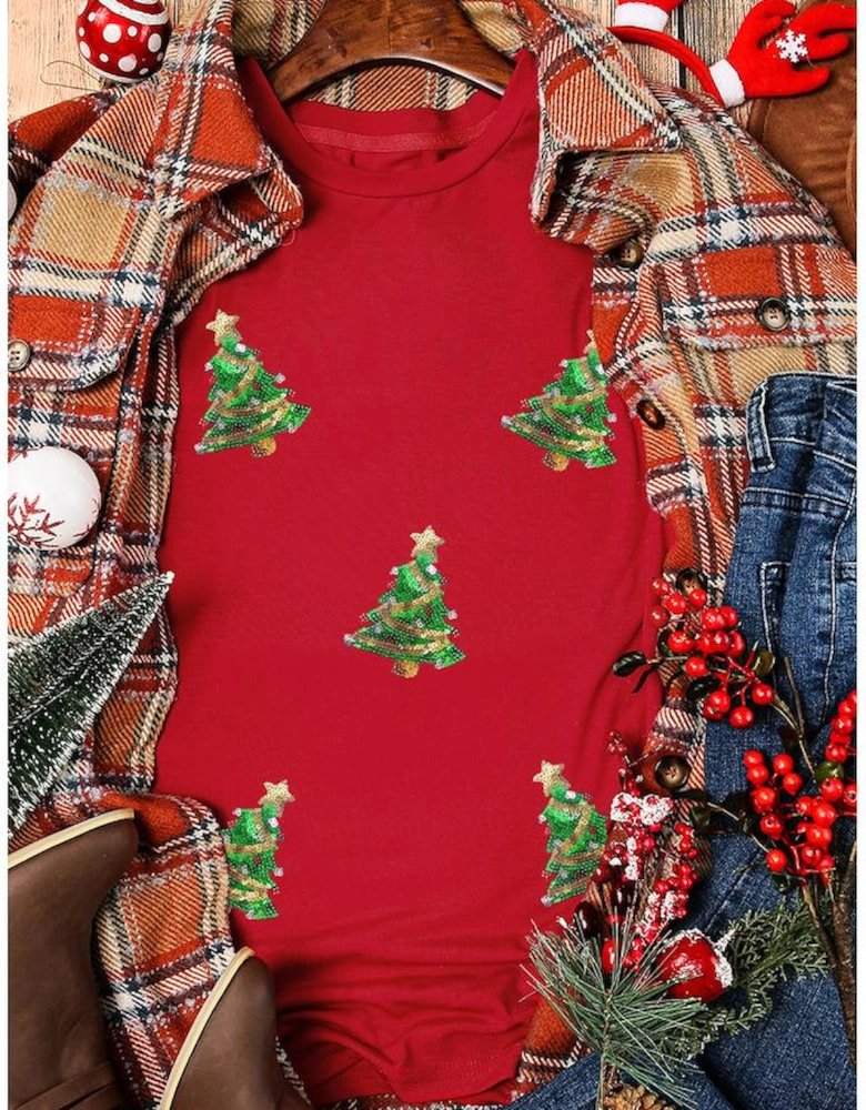 Red Sequined Christmas Tree Graphic Crewneck T Shirt
