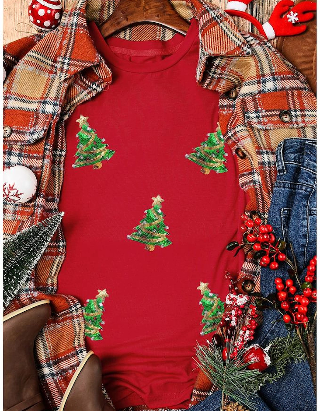Red Sequined Christmas Tree Graphic Crewneck T Shirt