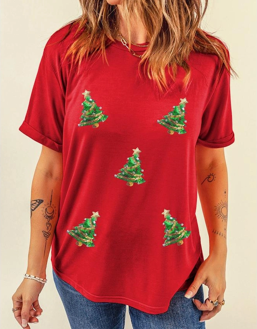 Red Sequined Christmas Tree Graphic Crewneck T Shirt