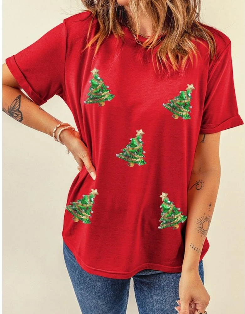 Red Sequined Christmas Tree Graphic Crewneck T Shirt