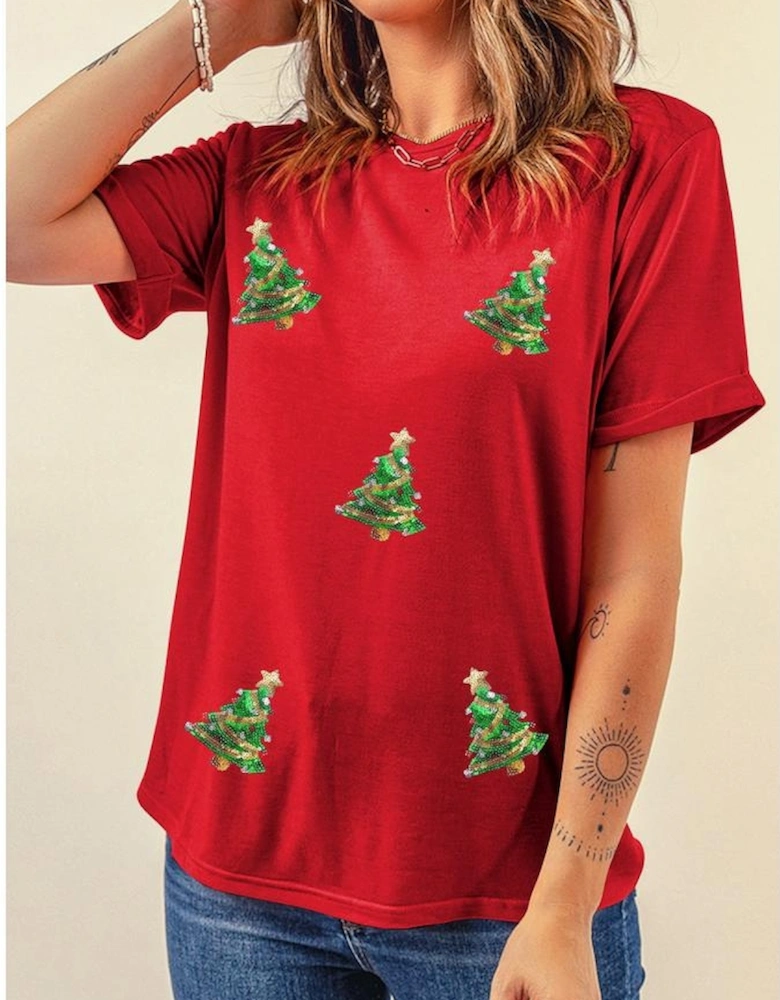 Red Sequined Christmas Tree Graphic Crewneck T Shirt