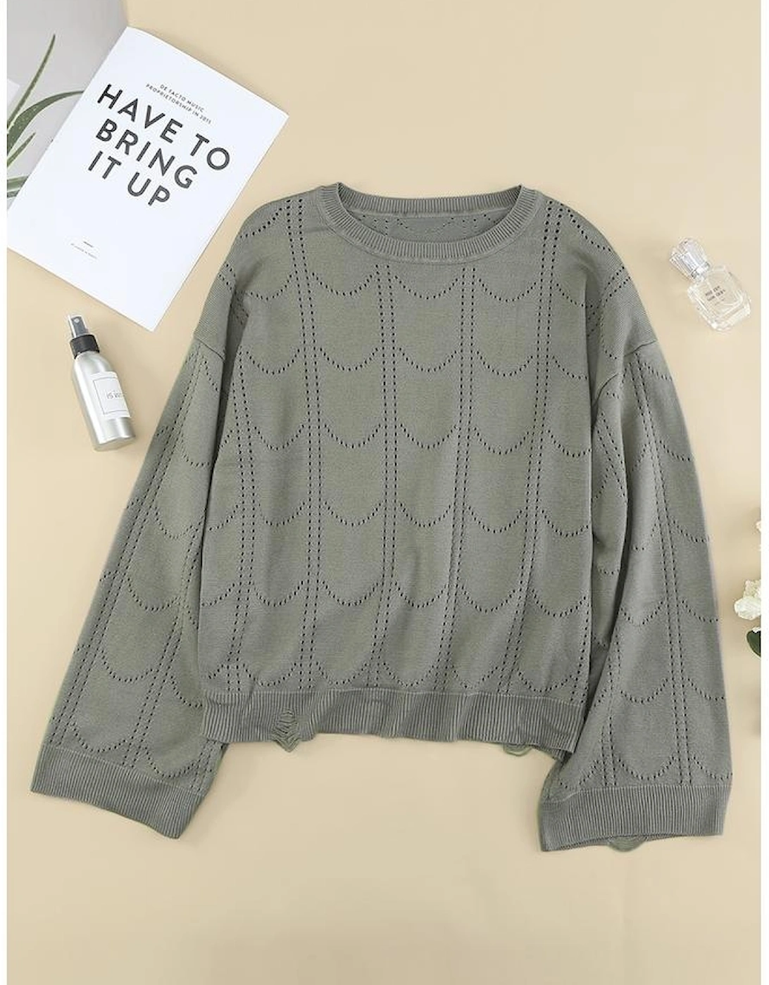 Azura Exchange Gray Flare Sleeve Texture Knit Sweater