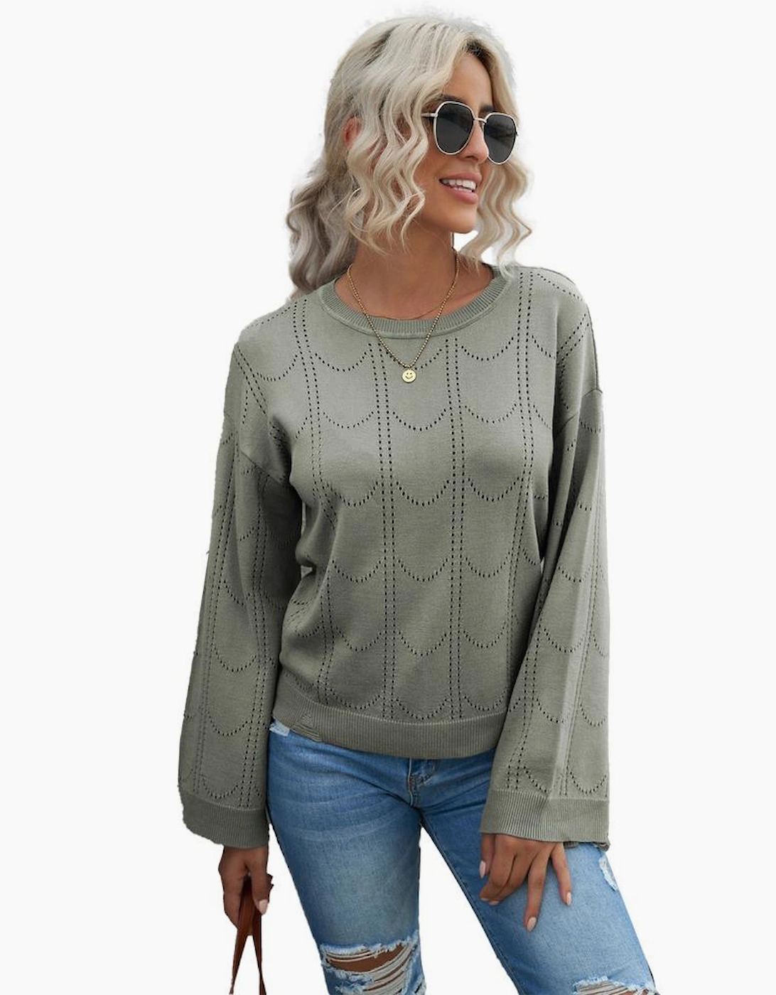Azura Exchange Gray Flare Sleeve Texture Knit Sweater