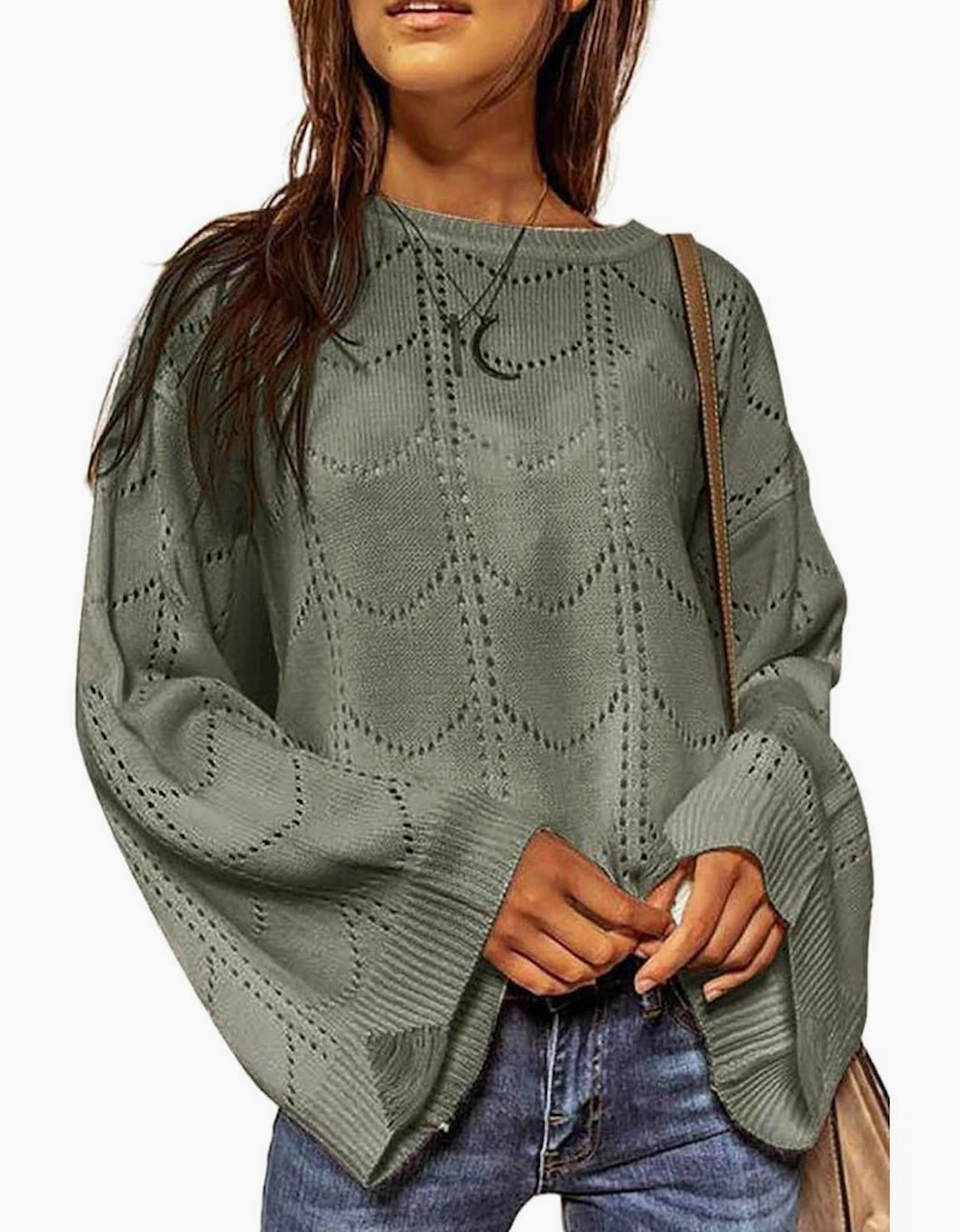 Azura Exchange Gray Flare Sleeve Texture Knit Sweater