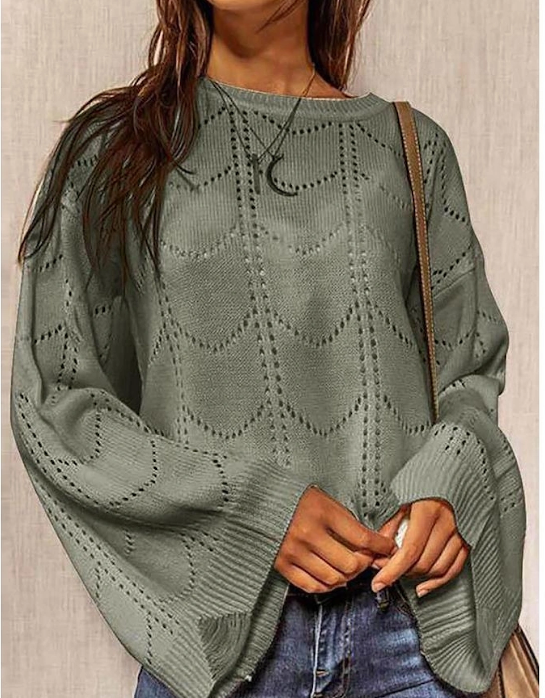 Azura Exchange Gray Flare Sleeve Texture Knit Sweater