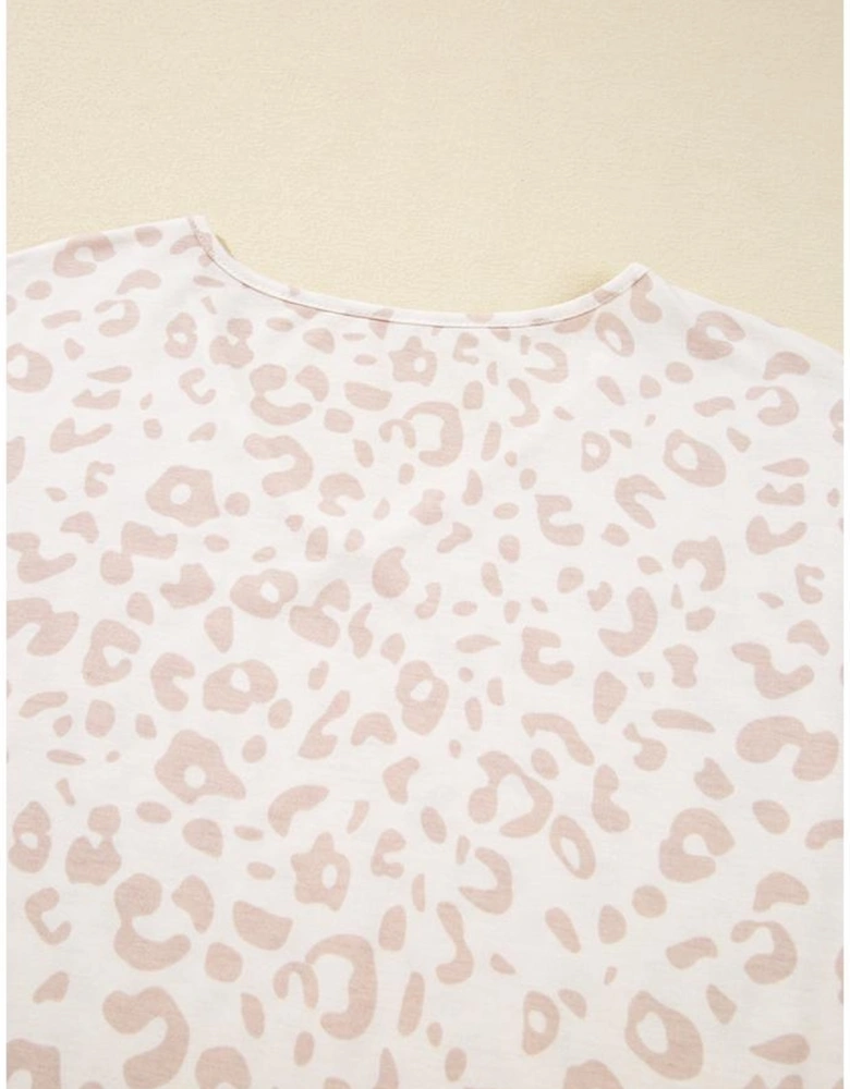 Beige Cheetah V Neck Tee and Pants Lounge Set