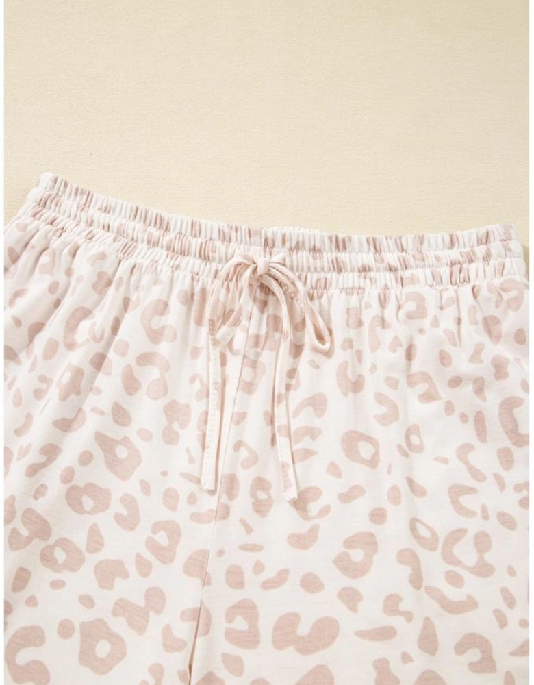 Beige Cheetah V Neck Tee and Pants Lounge Set