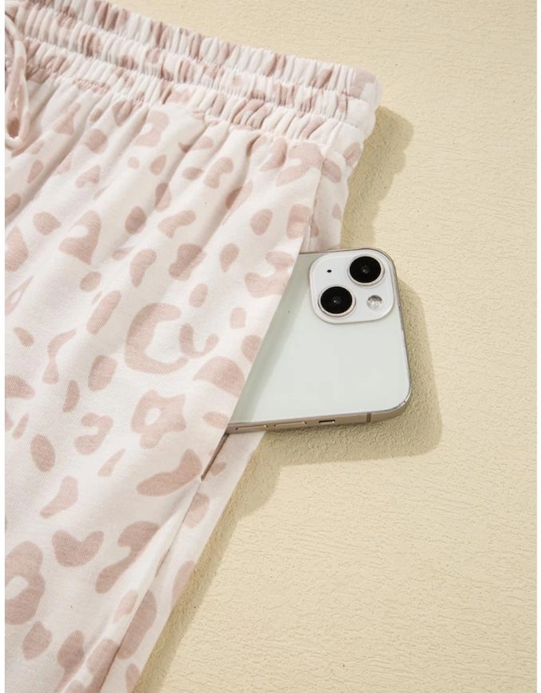 Beige Cheetah V Neck Tee and Pants Lounge Set