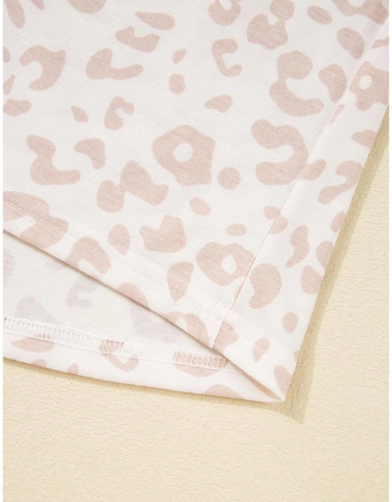 Beige Cheetah V Neck Tee and Pants Lounge Set