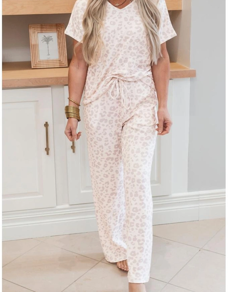 Beige Cheetah V Neck Tee and Pants Lounge Set