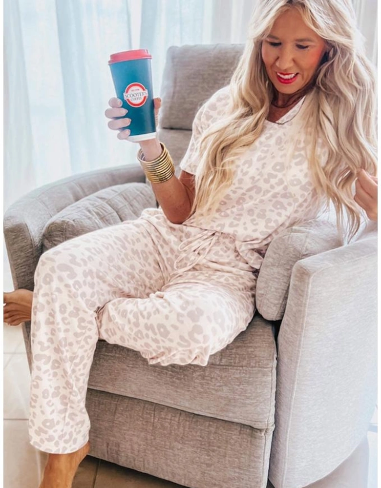 Beige Cheetah V Neck Tee and Pants Lounge Set
