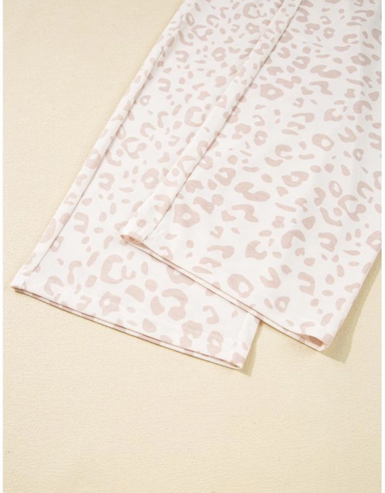 Beige Cheetah V Neck Tee and Pants Lounge Set