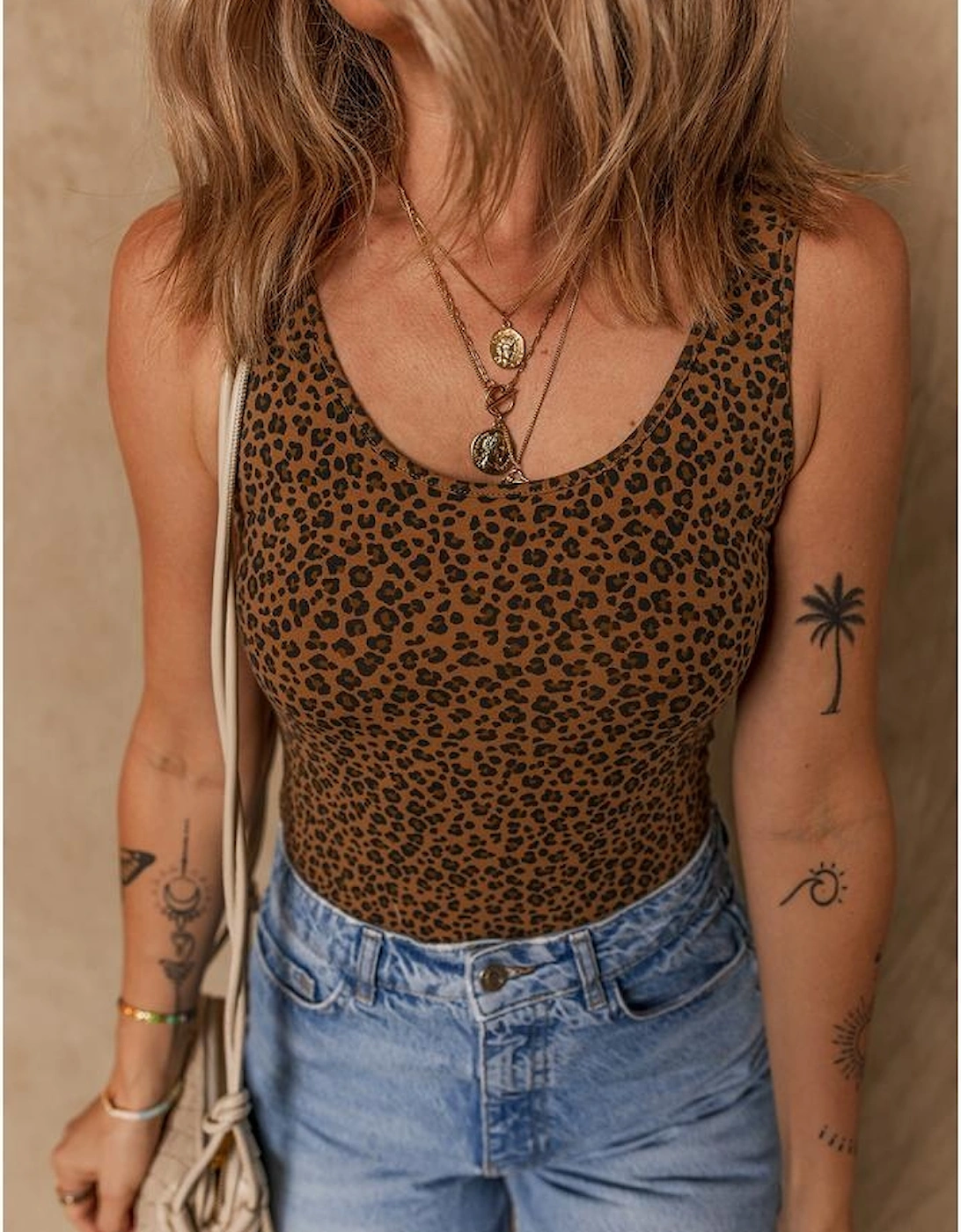 Brown Leopard Printed Sleeveless Scoop Neck Bodysuit