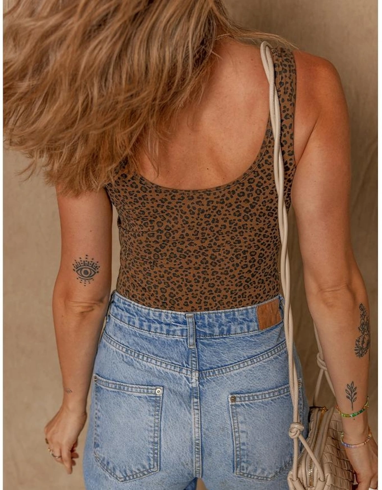 Brown Leopard Printed Sleeveless Scoop Neck Bodysuit