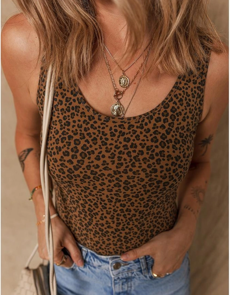 Brown Leopard Printed Sleeveless Scoop Neck Bodysuit