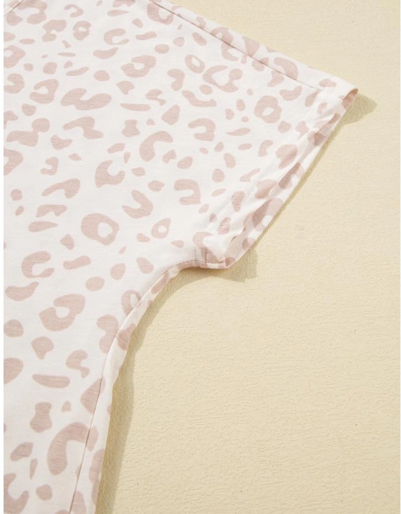 Beige Cheetah V Neck Tee and Pants Lounge Set