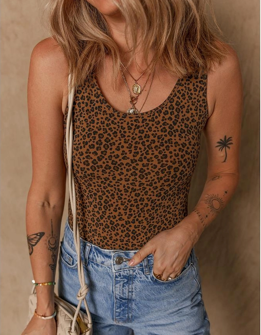Brown Leopard Printed Sleeveless Scoop Neck Bodysuit