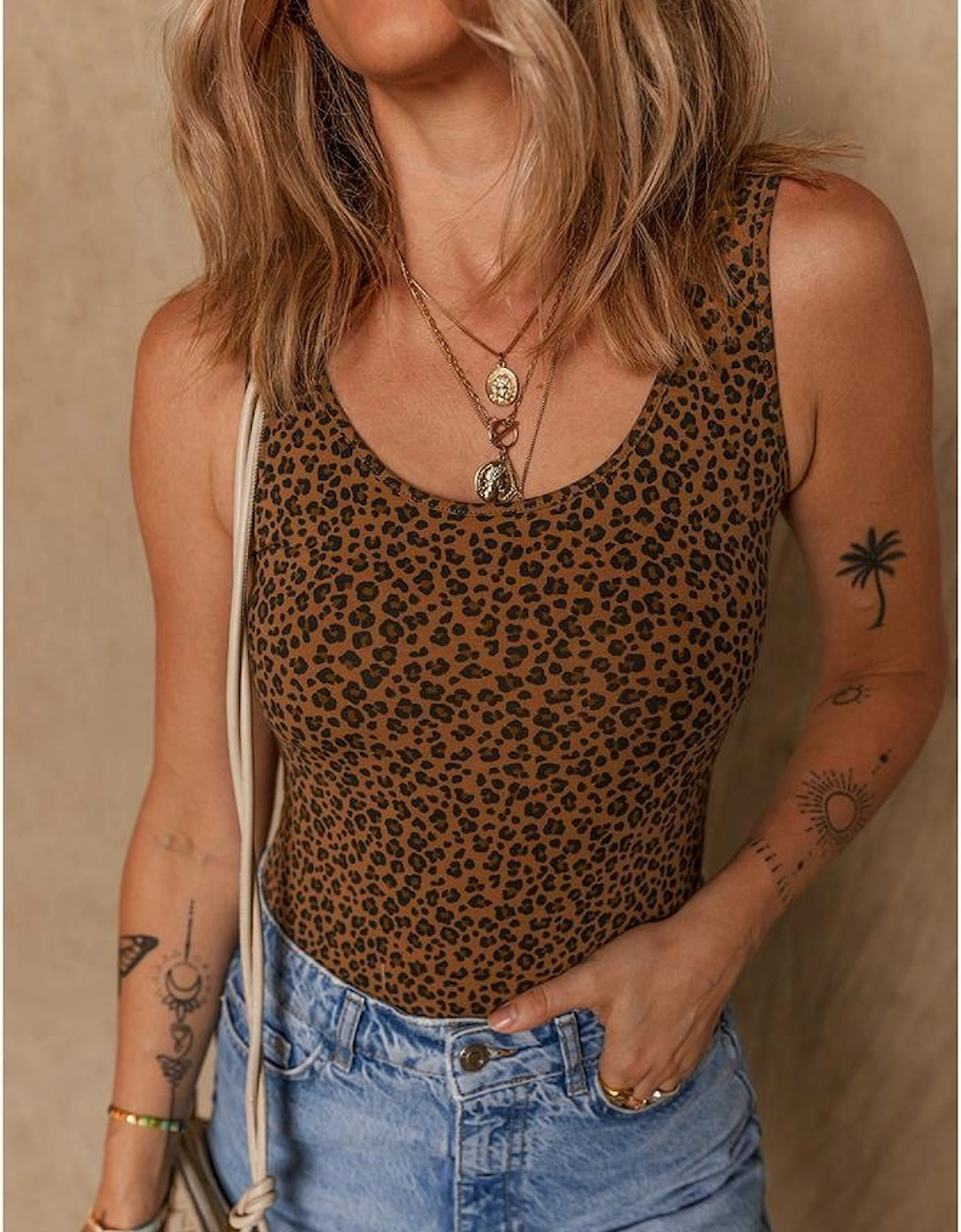 Brown Leopard Printed Sleeveless Scoop Neck Bodysuit