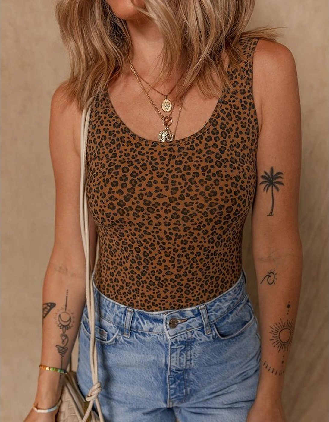 Brown Leopard Printed Sleeveless Scoop Neck Bodysuit