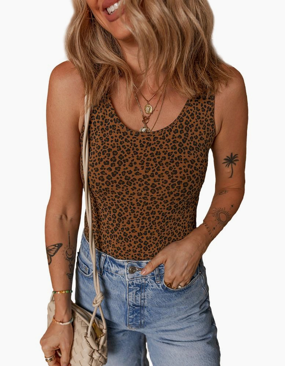 Brown Leopard Printed Sleeveless Scoop Neck Bodysuit