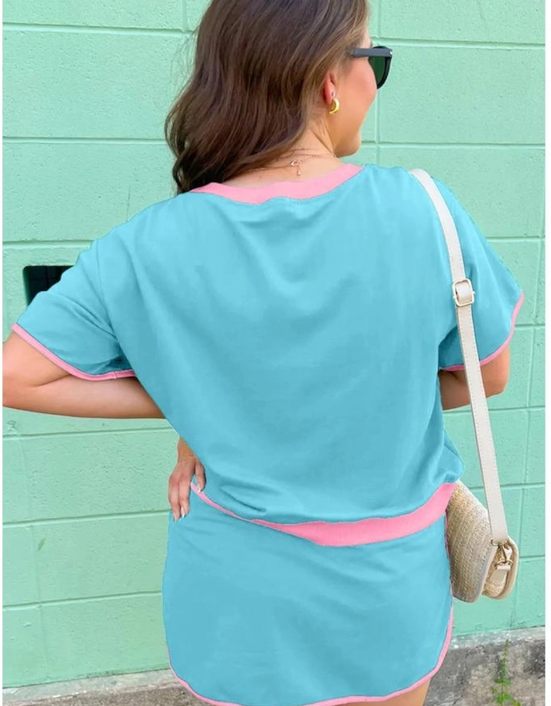 Turquoise Plus Size Contrast Trim T Shirt and Skirt Two Piece Set