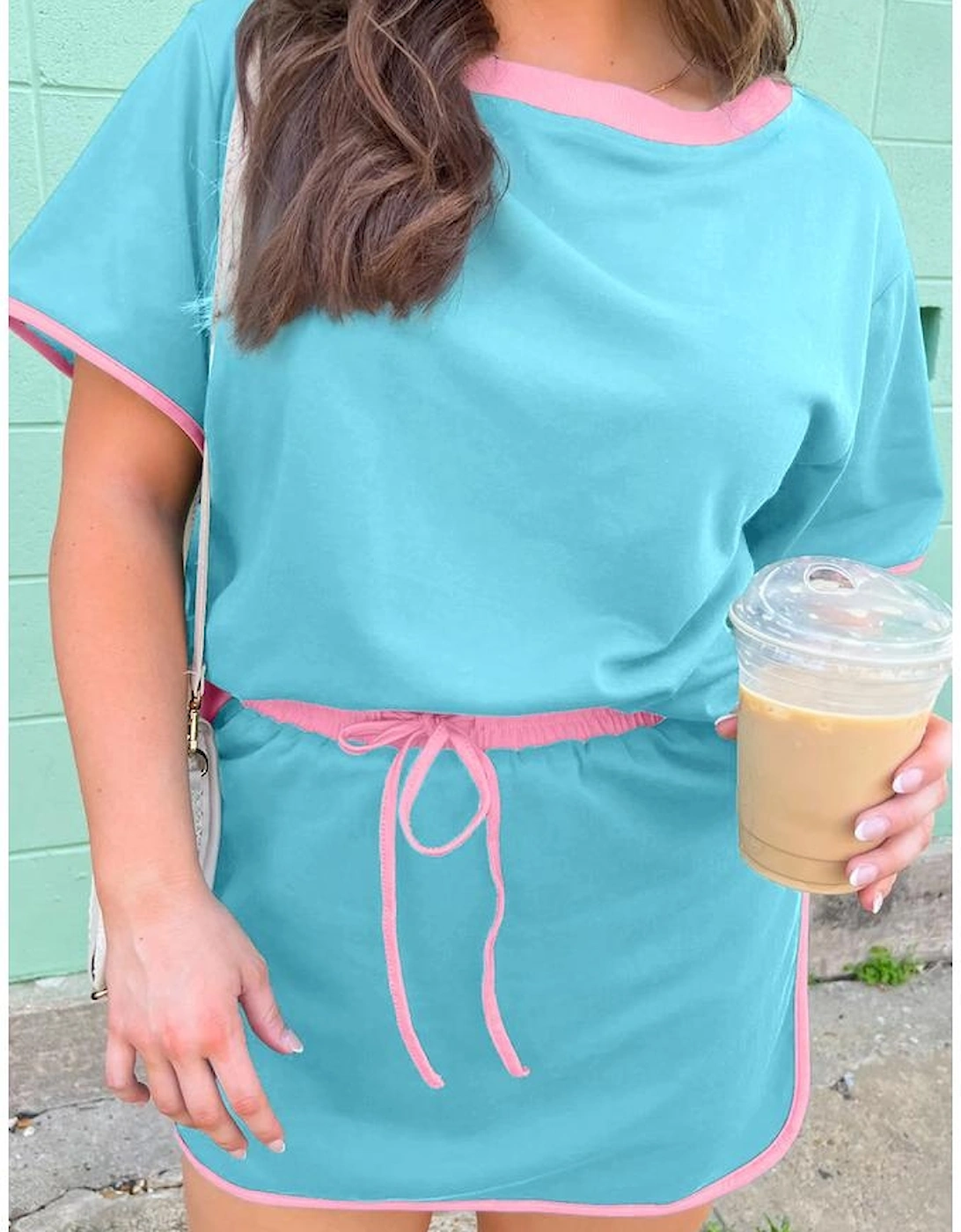 Turquoise Plus Size Contrast Trim T Shirt and Skirt Two Piece Set
