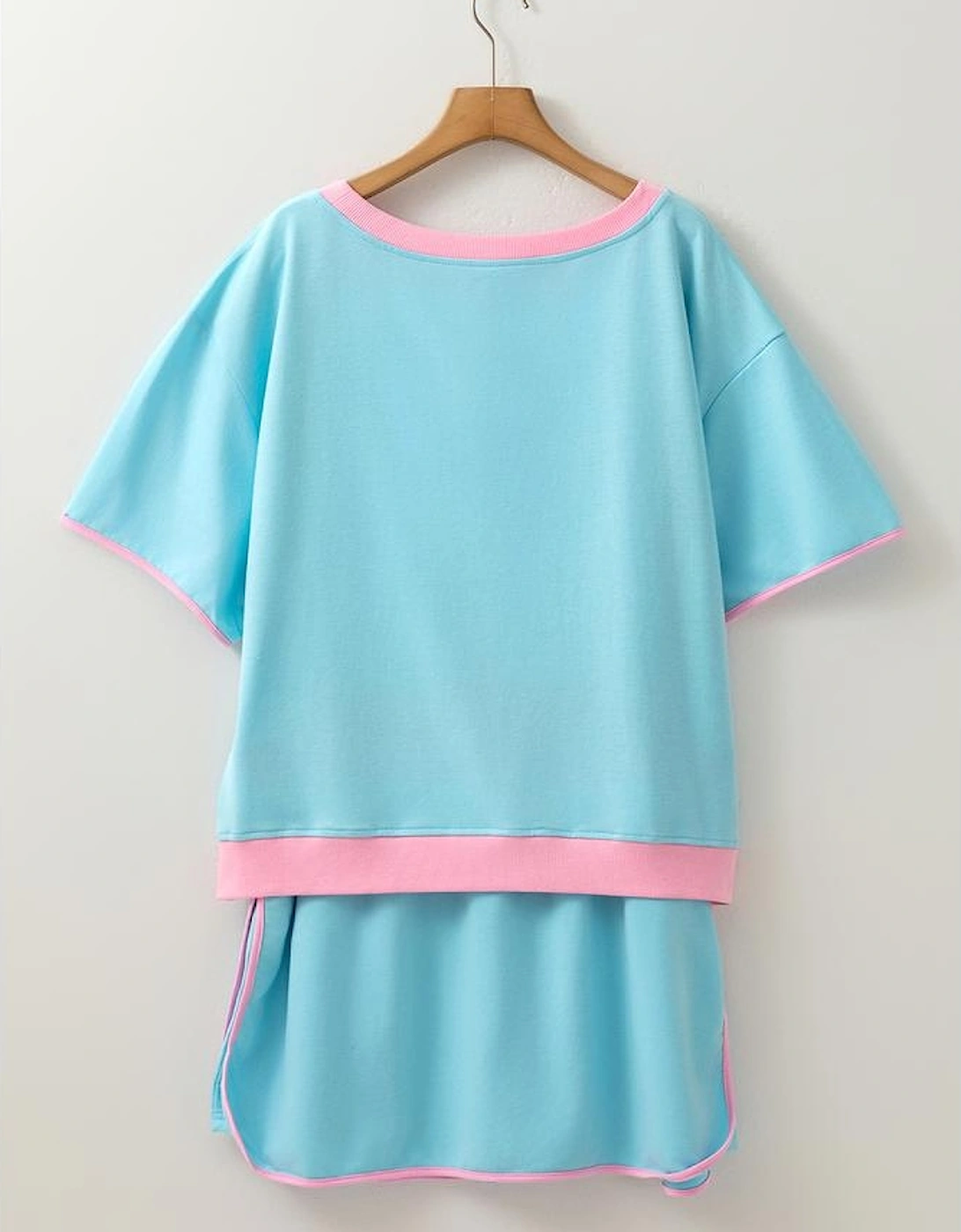 Turquoise Plus Size Contrast Trim T Shirt and Skirt Two Piece Set