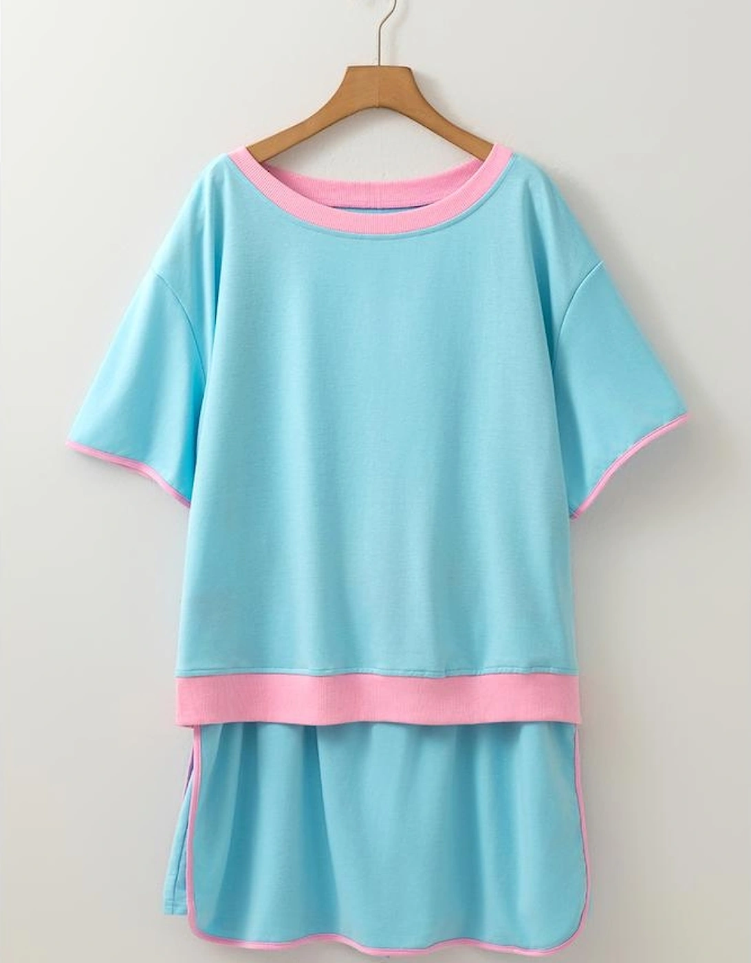 Turquoise Plus Size Contrast Trim T Shirt and Skirt Two Piece Set