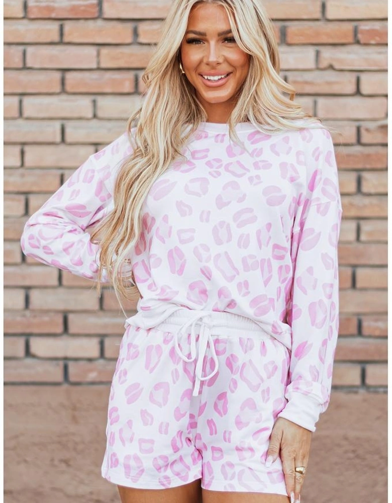 Pink Leopard Animal Print Pullover and Shorts Loungewear