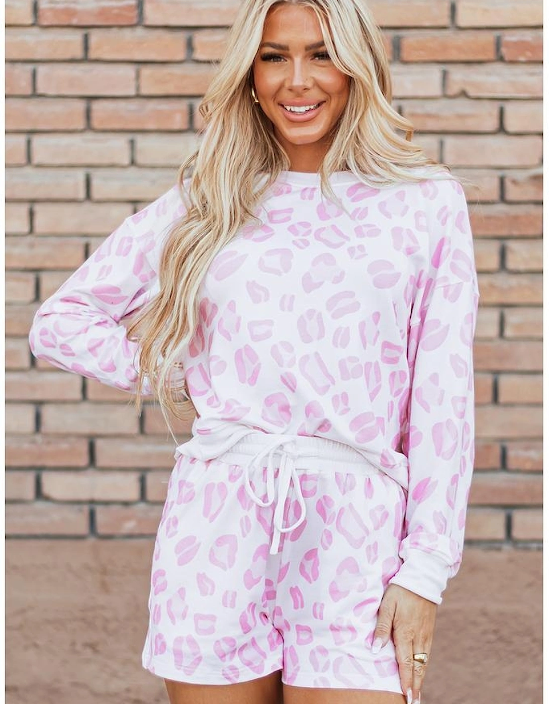 Pink Leopard Animal Print Pullover and Shorts Loungewear