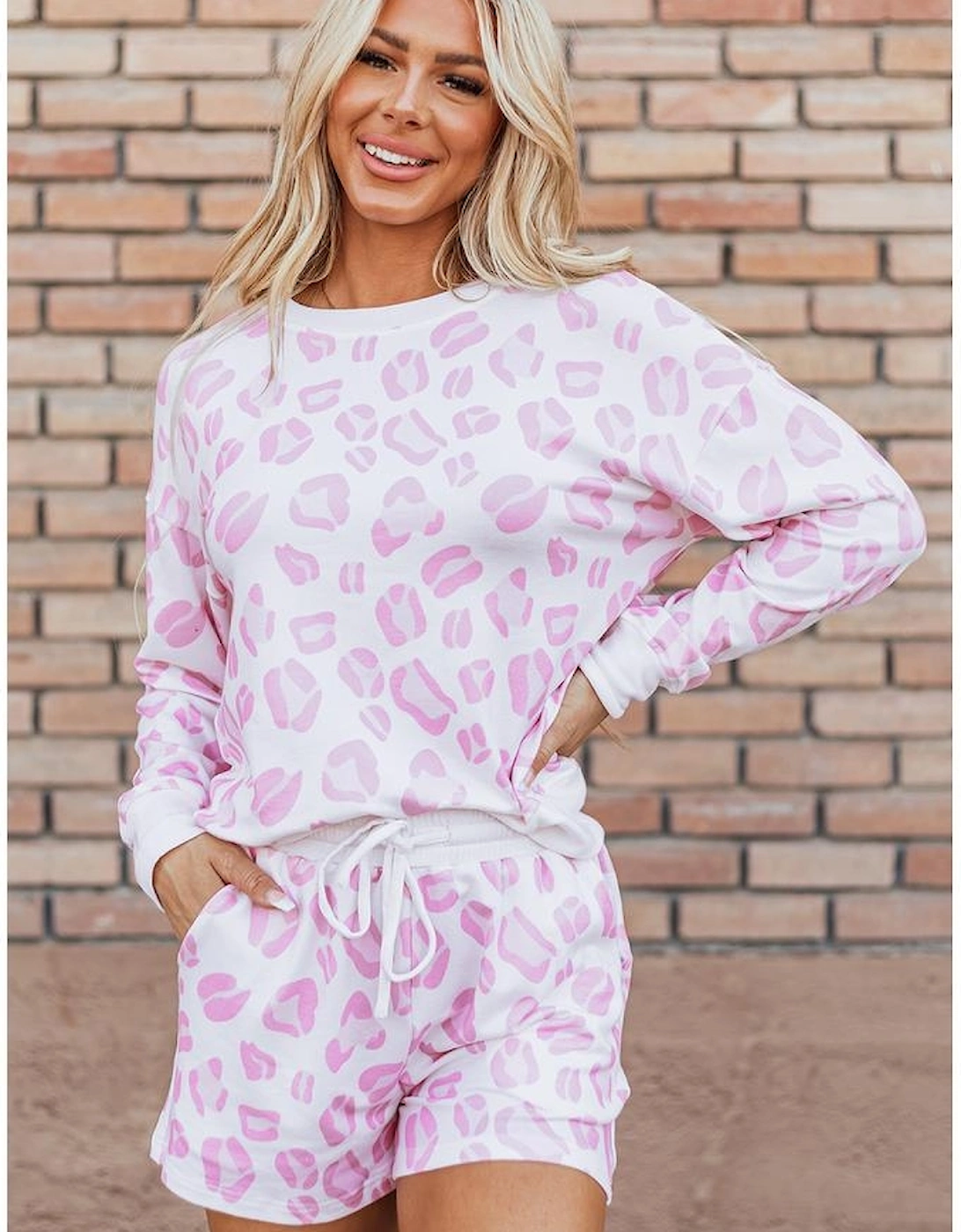 Pink Leopard Animal Print Pullover and Shorts Loungewear
