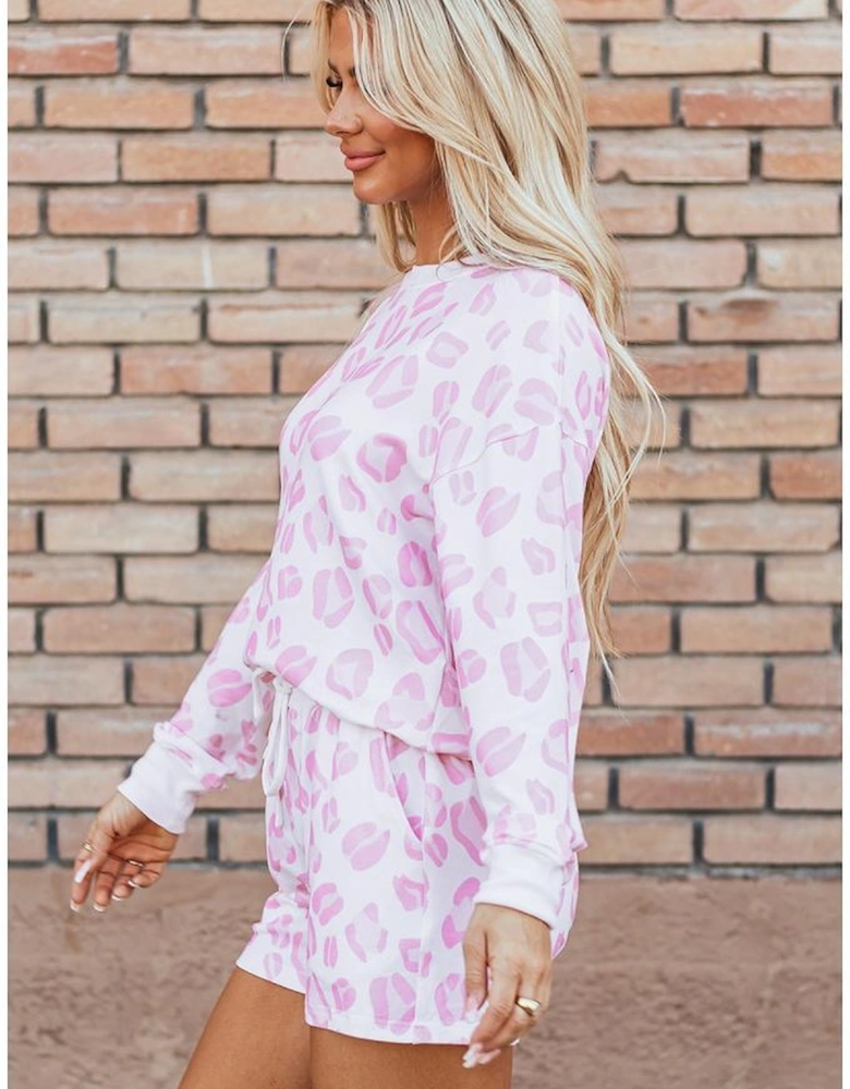 Pink Leopard Animal Print Pullover and Shorts Loungewear