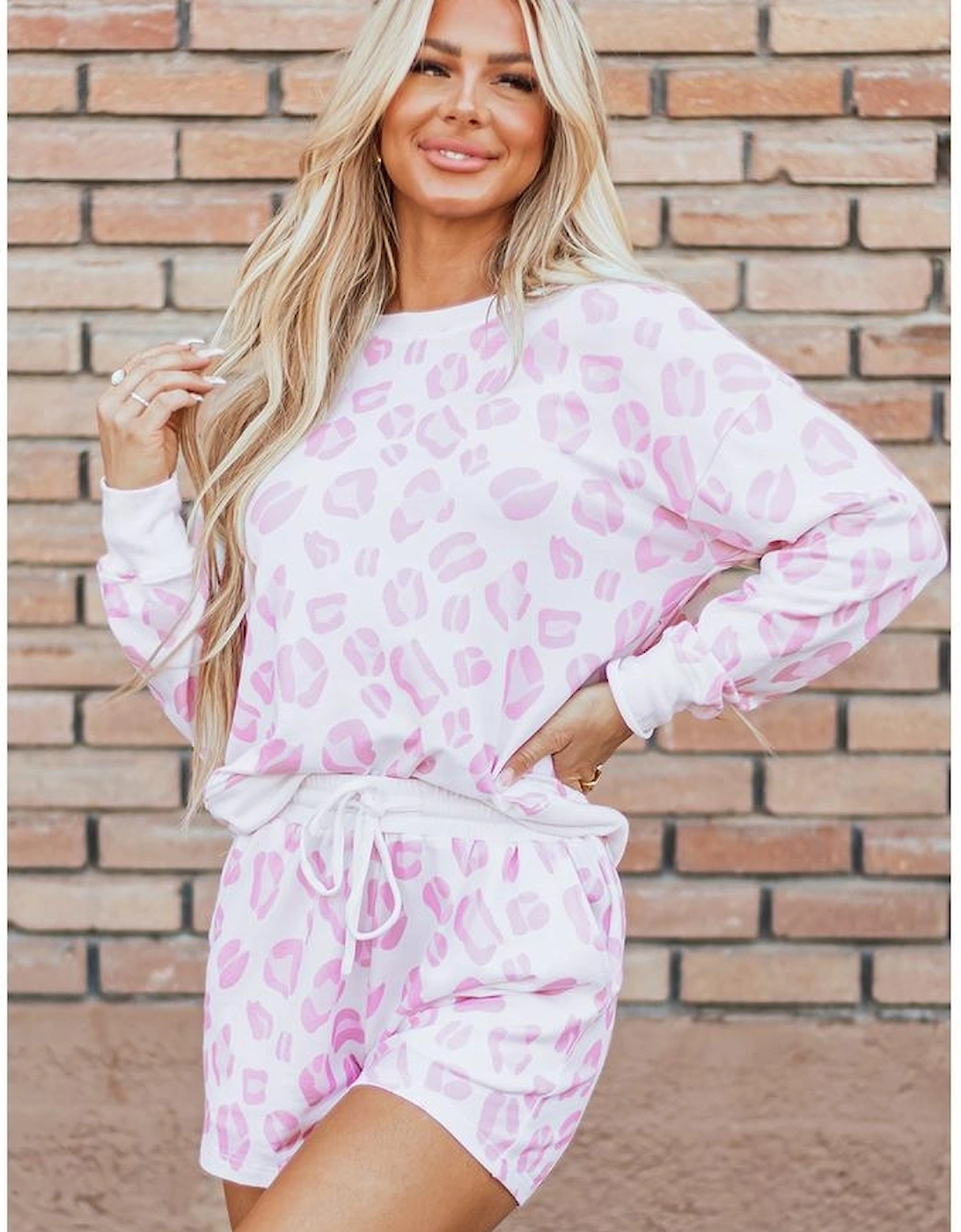 Pink Leopard Animal Print Pullover and Shorts Loungewear