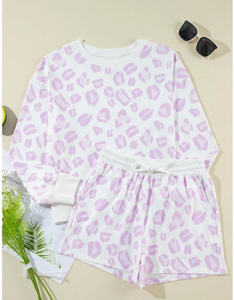 Pink Leopard Animal Print Pullover and Shorts Loungewear