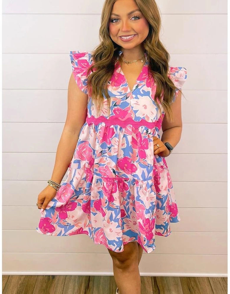 Pink Floral Printed V Notched Ric Rac Flutter Sleeve Dress