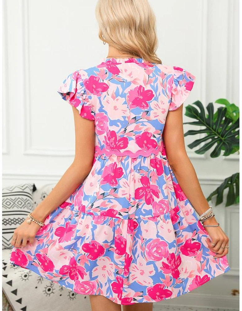 Pink Floral Printed V Notched Ric Rac Flutter Sleeve Dress
