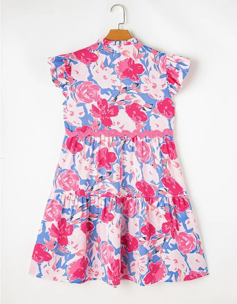 Pink Floral Printed V Notched Ric Rac Flutter Sleeve Dress