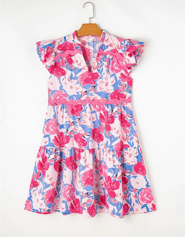 Pink Floral Printed V Notched Ric Rac Flutter Sleeve Dress