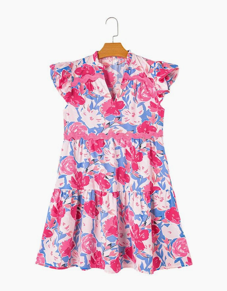 Pink Floral Printed V Notched Ric Rac Flutter Sleeve Dress