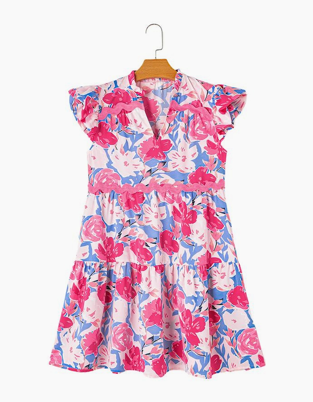 Pink Floral Printed V Notched Ric Rac Flutter Sleeve Dress