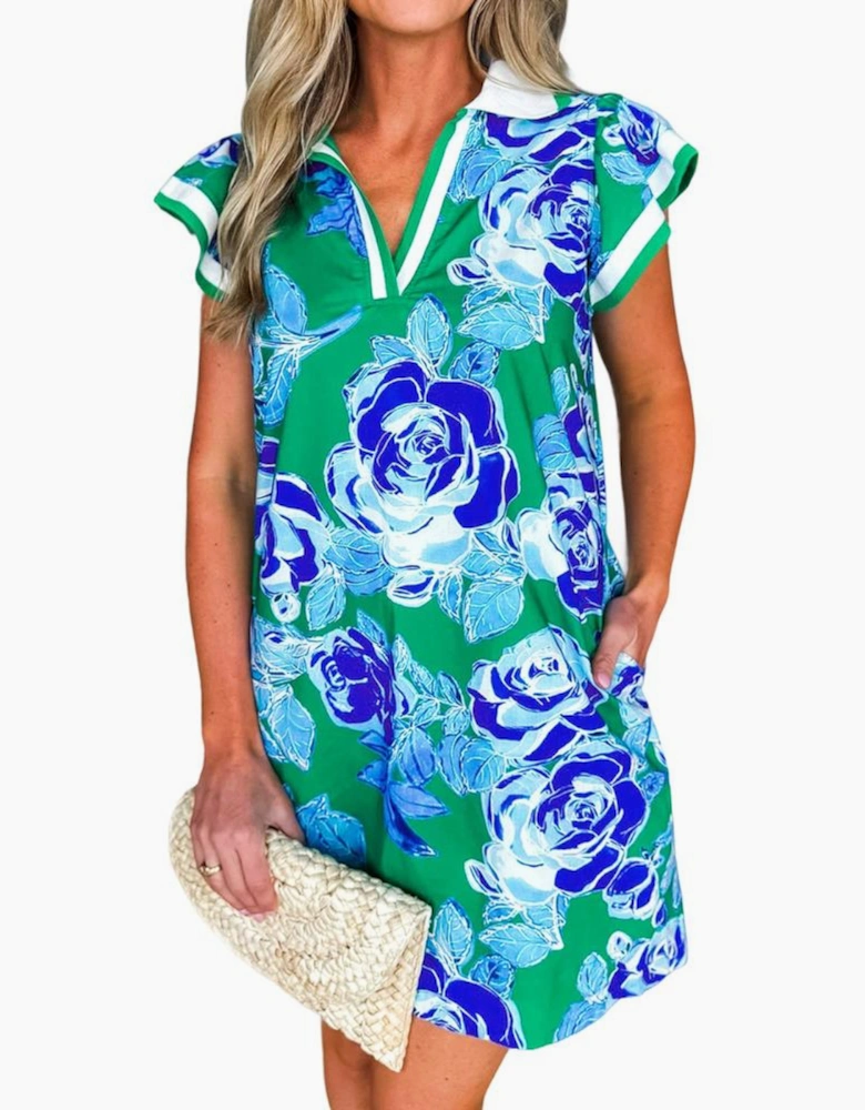 Bright Green Contrast Floral Print Collared V Neckline Ruffled Cap Sleeve Shift Dress with Pockets