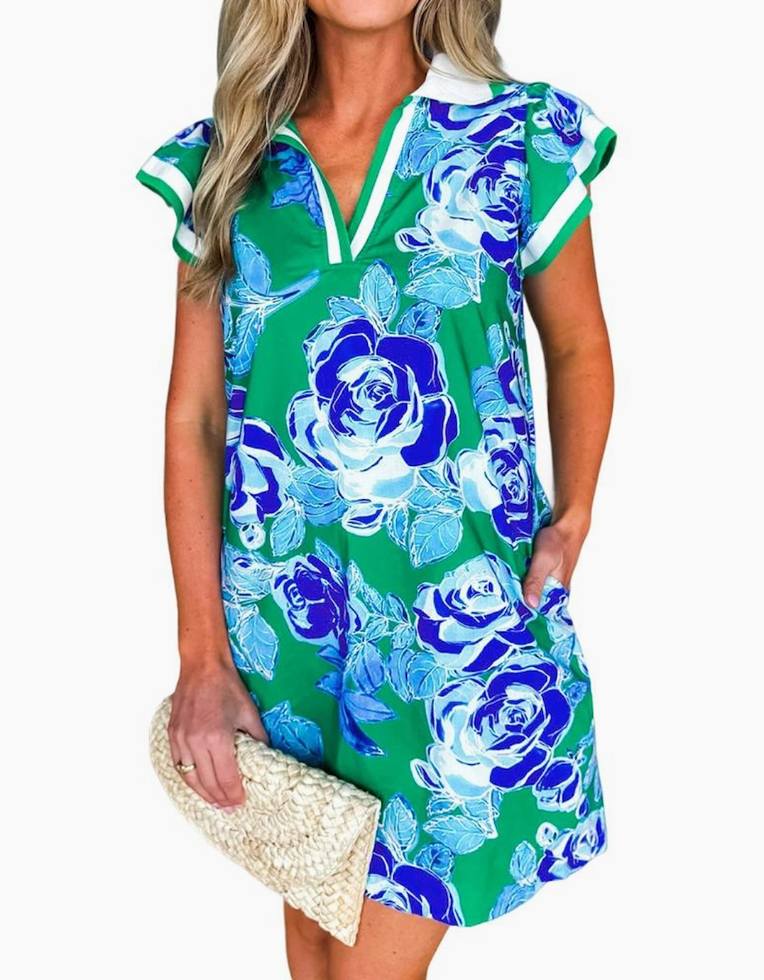 Bright Green Contrast Floral Print Collared V Neckline Ruffled Cap Sleeve Shift Dress with Pockets
