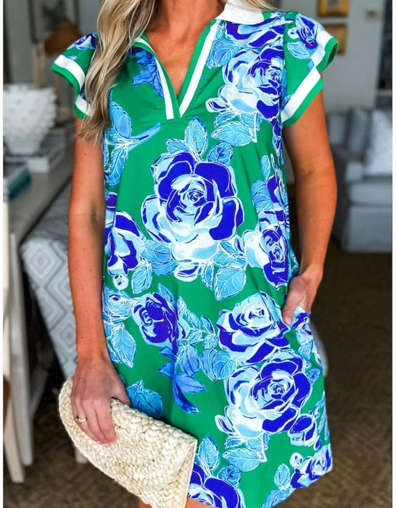 Bright Green Contrast Floral Print Collared V Neckline Ruffled Cap Sleeve Shift Dress with Pockets