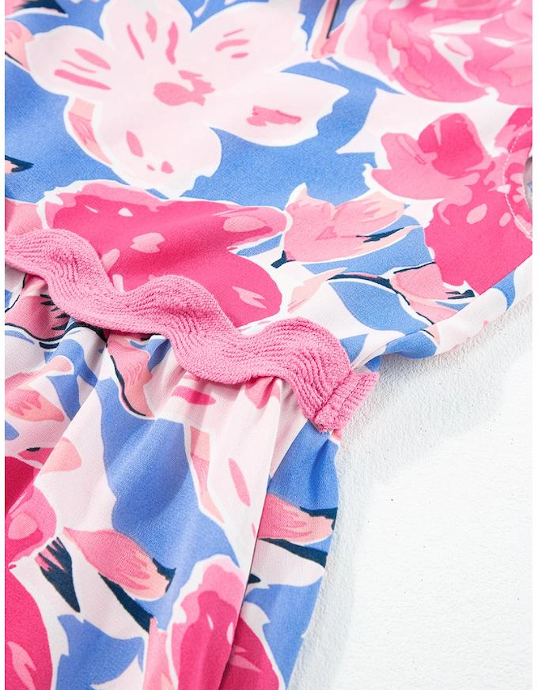 Pink Floral Printed V Notched Ric Rac Flutter Sleeve Dress